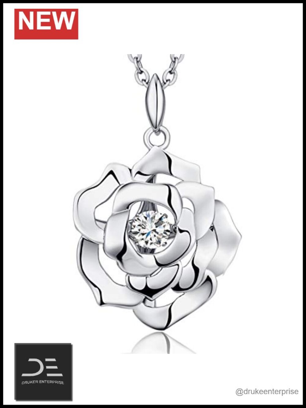 925 Sterling Silver Rose Pendant Necklace with 5A+ Cubic Zirconia